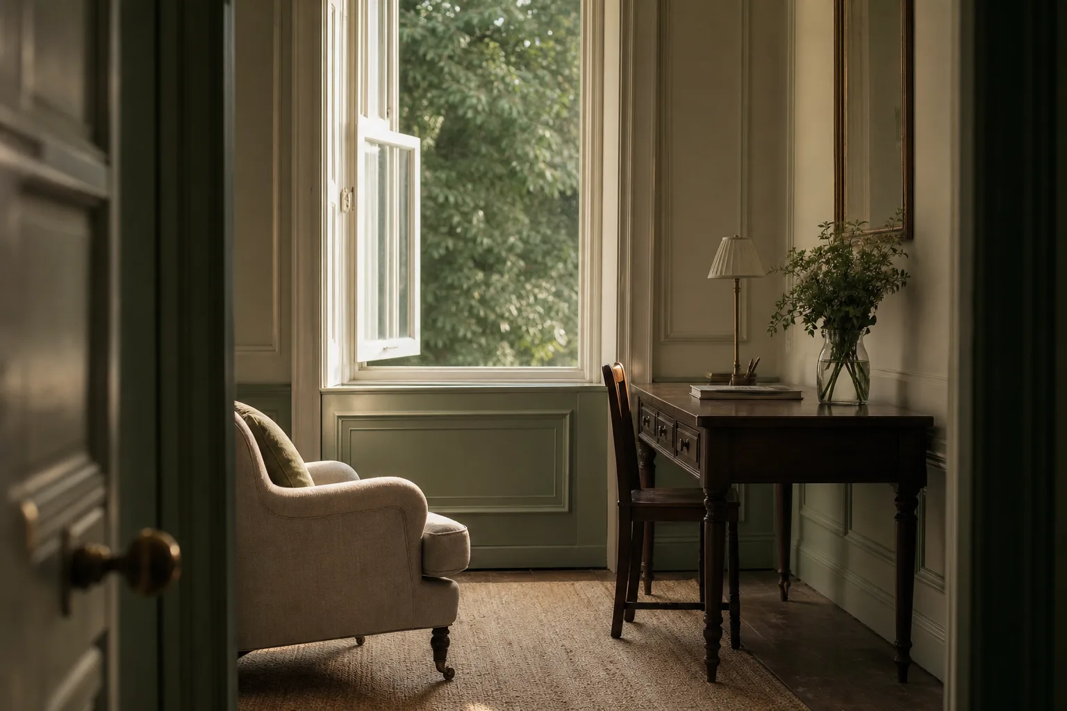 A quiet home office with a desk and armchair