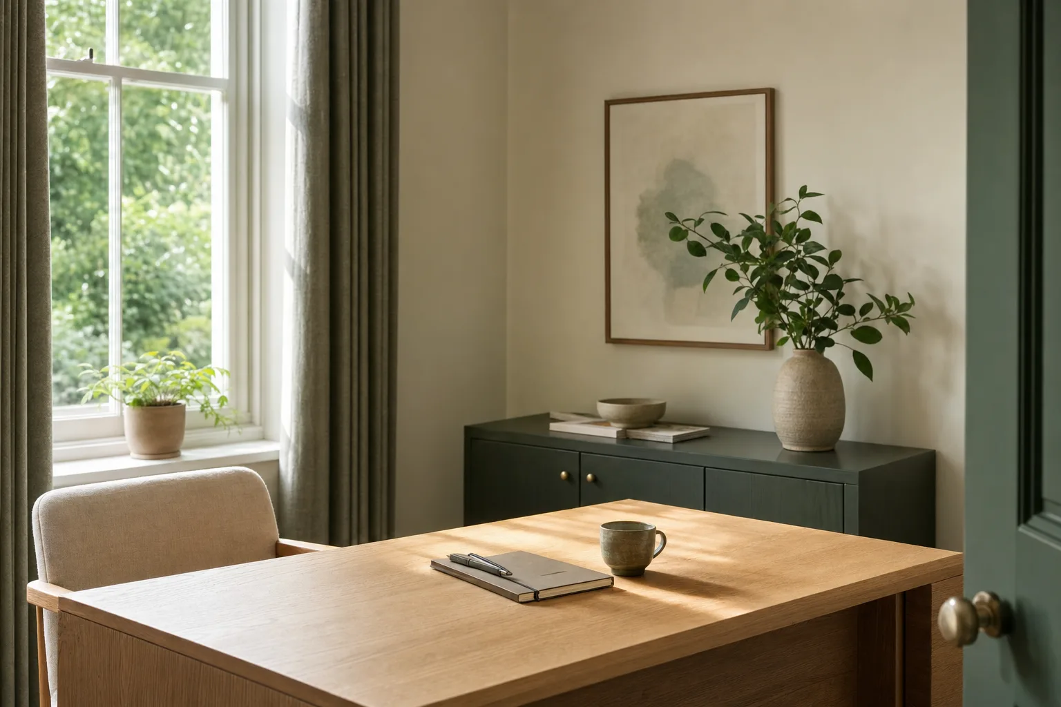 A quiet consultation room with a desk, chair and window