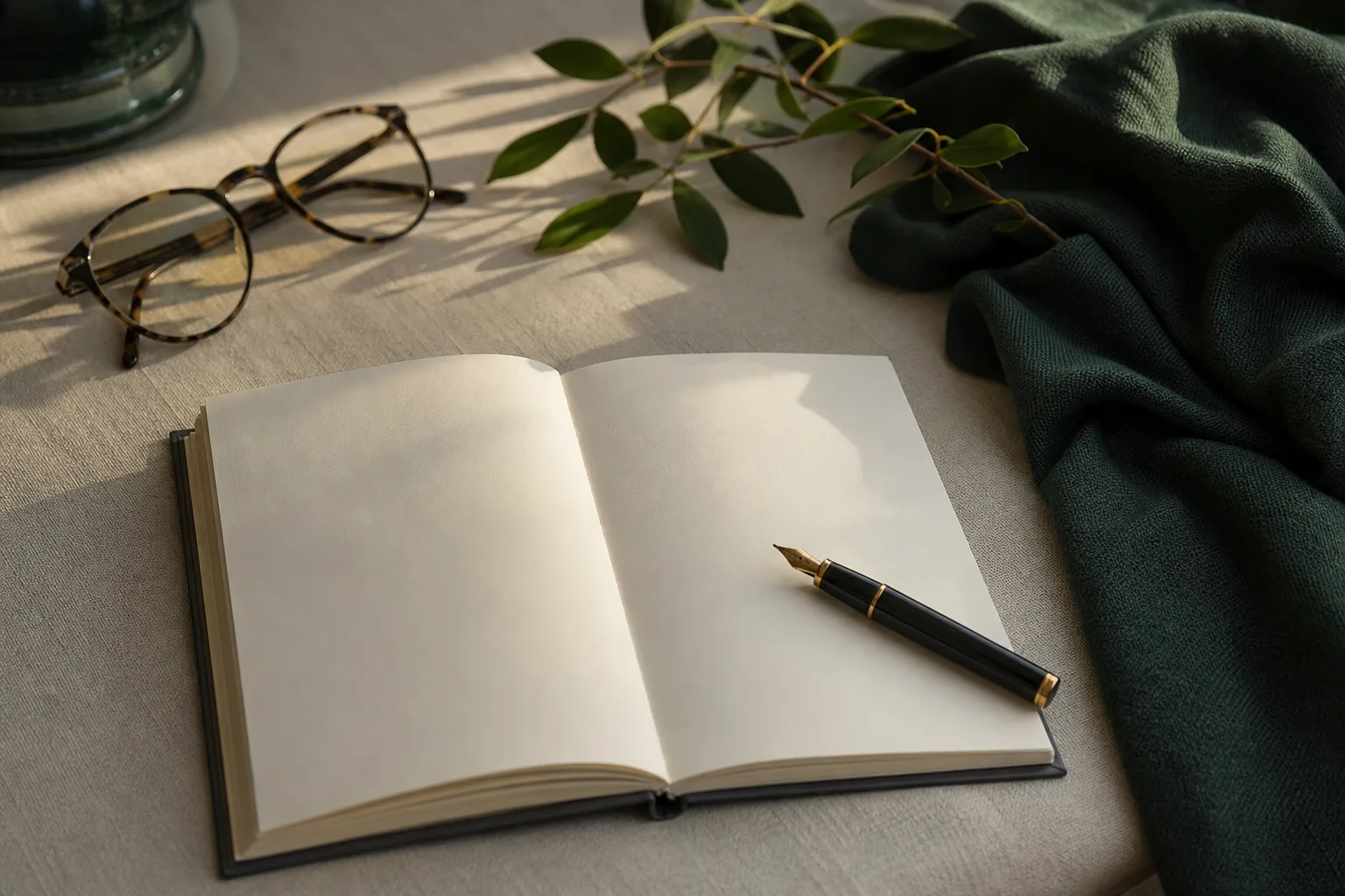 An open notebook and pen on a quiet desk